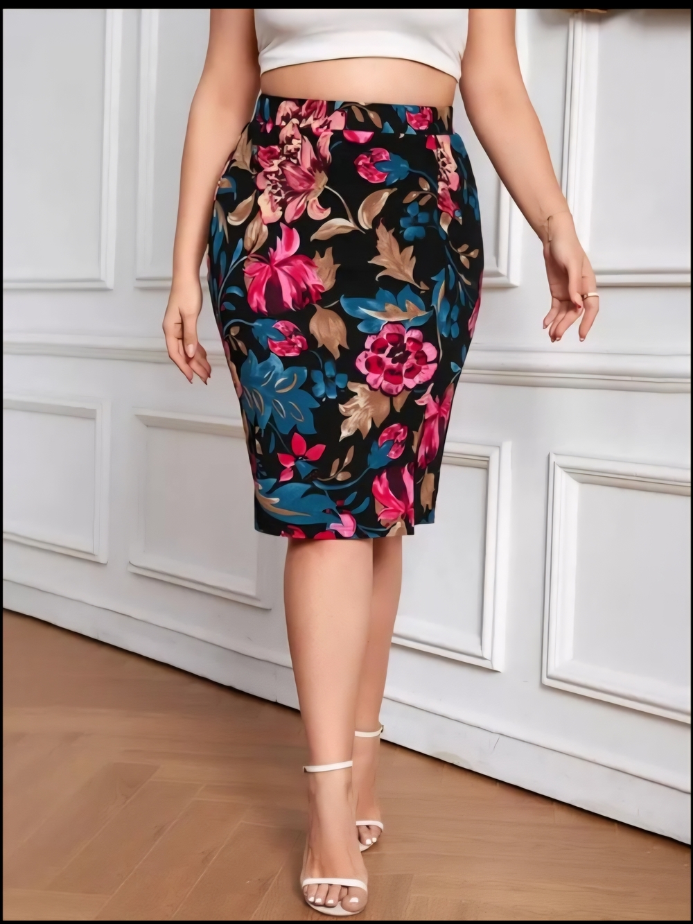 Black Floral Pencil Skirt with Pink & Blue Blooms